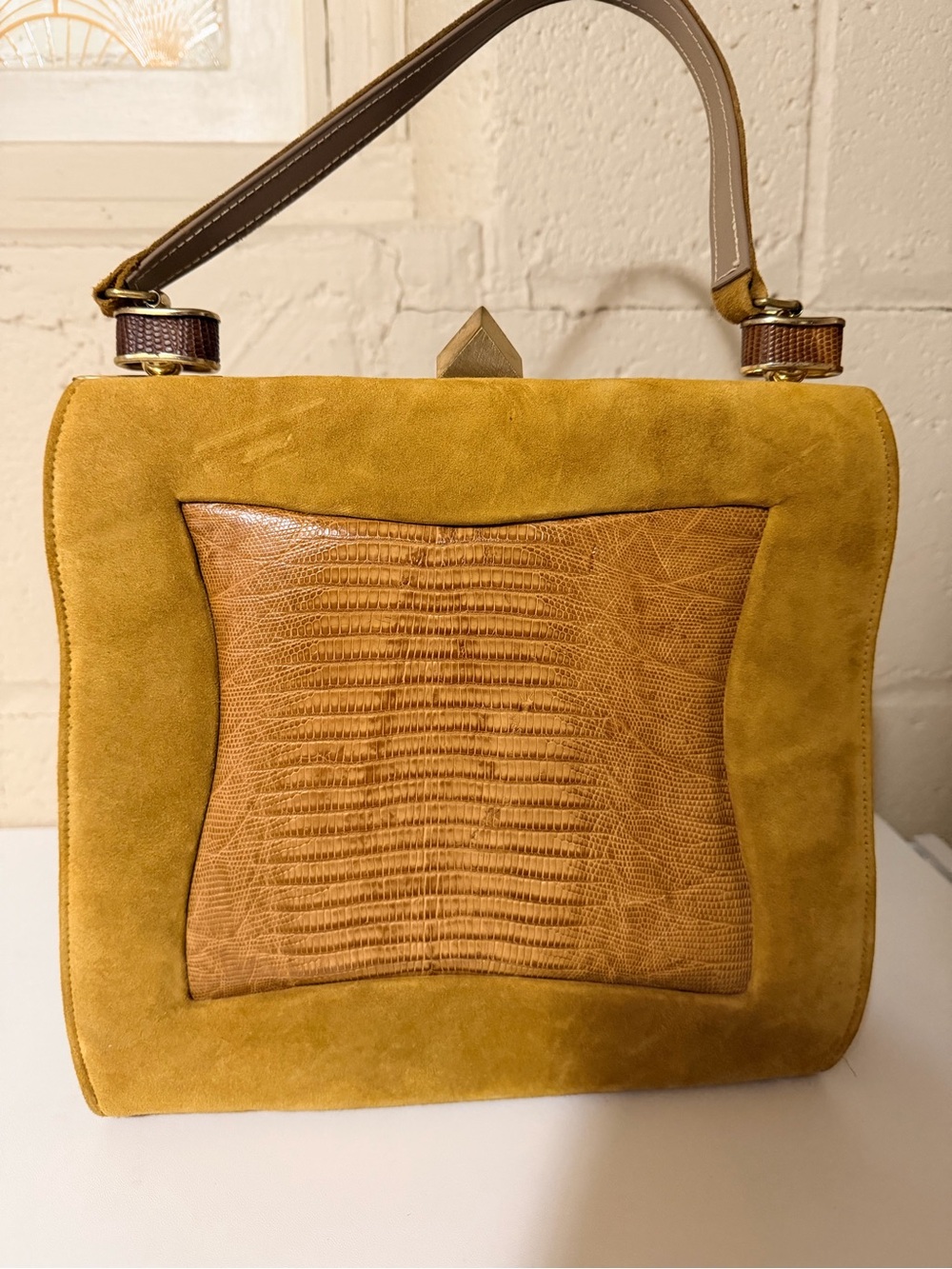 Vintage Mustard Suede and Tan Leather Shoulder Bag